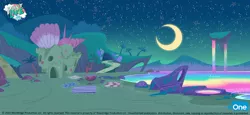 Size: 1400x645 | Tagged: source needed, safe, derpibooru import, my little pony: pony life, pony surfin' safari, spoiler:pony life s01e14, archway, beach, cave, concept art, crystal, eone, firepit, floating island, image, jpeg, logo, moon, my little pony logo, night, no pony, official, palm tree, path, potion ocean, rainbow water, rainbow waterfall, rock, sand, sandcastle, seashell, stars, text, towel, tree, water, waterfall