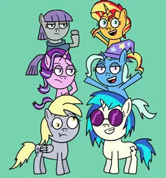 Size: 3000x3200 | Tagged: safe, artist:mlp-vs-capcom, derpibooru import, boulder (pet), derpy hooves, maud pie, starlight glimmer, sunset shimmer, trixie, vinyl scratch, earth pony, pegasus, pony, unicorn, chibi, female, image, mare, png