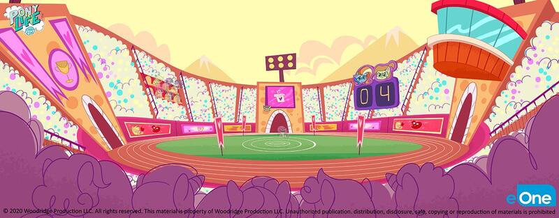 Size: 1400x547 | Tagged: source needed, safe, derpibooru import, official, applejack, fluttershy, pinkie pie, rainbow dash, rarity, spike, twilight sparkle, twilight sparkle (alicorn), alicorn, dragon, earth pony, pegasus, pony, unicorn, my little pony: pony life, advertisement, archway, audience, basket, bleachers, cloud, concept art, crowd, day, drink, eone, flag, flutterdash (episode), image, jpeg, light, logo, mane seven, mane six, mountain, my little pony logo, scoreboard, silhouette, stadium, text, trophy