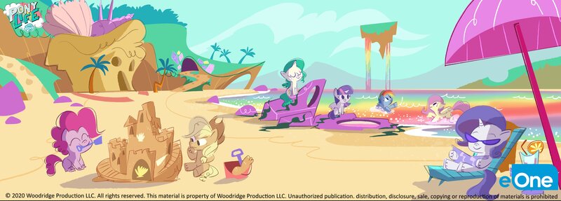 Size: 4096x1470 | Tagged: source needed, safe, derpibooru import, official, applejack, fluttershy, pinkie pie, potion nova, rainbow dash, rarity, twilight sparkle, twilight sparkle (alicorn), alicorn, earth pony, pegasus, pony, unicorn, meet potion nova!, my little pony: pony life, spoiler:pony life s01e10, archway, beach, bucket, cave, cloud, concept art, crystal, day, drink, eone, female, females only, floating island, image, jpeg, logo, mane six, my little pony logo, palm tree, path, potion ocean, rainbow water, rainbow waterfall, rock, sandcastle, seashell, sunbathing, sunglasses, swimming, tanning, tanning mirror, text, tree, umbrella, waterfall