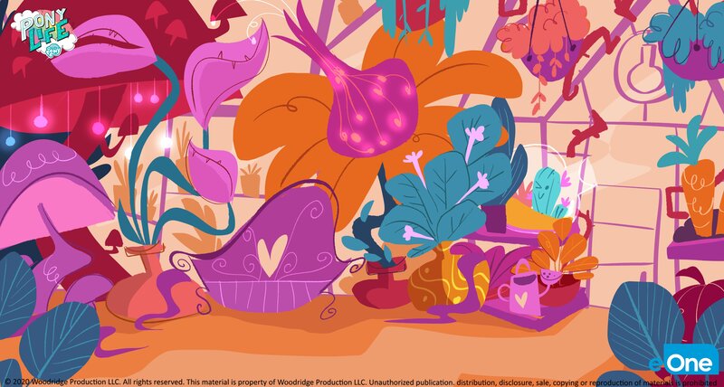 Size: 4096x2193 | Tagged: source needed, safe, derpibooru import, fish, all that jitters, my little pony: pony life, spoiler:pony life s01e15, bench, cactus, carrot, concept art, door, eone, flower, food, glass, glass door, greenhouse, heart, image, inside, jpeg, leaf, light, mushroom, my little pony logo, no pony, official, piranha, plant, plant pot, text, watering can