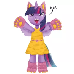 Size: 3000x3000 | Tagged: safe, artist:catachromatic, derpibooru import, twilight sparkle, alicorn, semi-anthro, bracelet, cat ears, clothes, cute, digital painting, dress, fake ears, fangs, female, high res, image, jewelry, paw gloves, png, signature, simple background, solo, text, toy interpretation, twiabetes, twilight sparkle (alicorn), white background