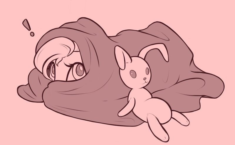 Size: 1804x1114 | Tagged: safe, artist:nookprint, derpibooru import, fluttershy, pegasus, pony, blanket, cute, exclamation point, female, hiding, image, jpeg, lying down, mare, monochrome, plushie, prone, red background, redscale, shy, shyabetes, simple background, solo