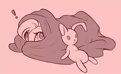 Size: 1804x1114 | Tagged: safe, artist:nookprint, derpibooru import, fluttershy, pegasus, pony, blanket, cute, exclamation point, female, hiding, image, jpeg, lying down, mare, monochrome, plushie, prone, red background, redscale, shy, shyabetes, simple background, solo
