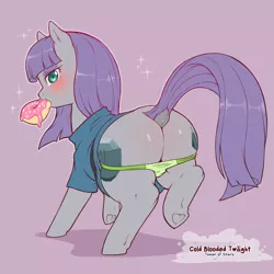 Size: 1200x1200 | Tagged: suggestive, artist:cold-blooded-twilight, derpibooru import, maud pie, earth pony, pony, blushing, both cutie marks, boulder buns, butt, butt blush, clothes, dock, donut, eating, female, food, frog (hoof), from behind, image, mare, panties, panties pulled down, plot, png, raised leg, raised tail, simple background, solo, solo female, sparkles, suggestive eating, tail, underhoof, underwear, wide hips