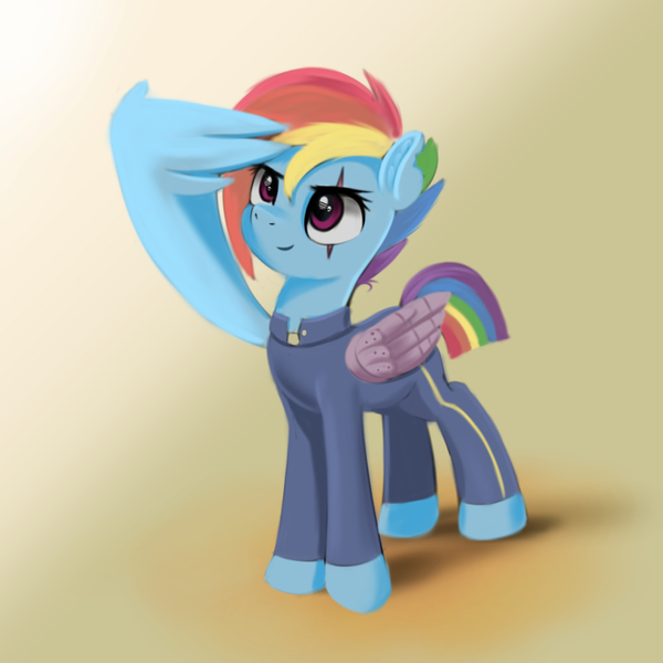 Size: 2000x2000 | Tagged: safe, artist:darksly, derpibooru import, rainbow dash, pegasus, pony, alternate timeline, amputee, apocalypse dash, artificial wings, augmented, crystal war timeline, eye scar, female, high res, image, jpeg, mare, newbie artist training grounds, prosthetic limb, prosthetic wing, prosthetics, salute, scar, smiling, solo, wings