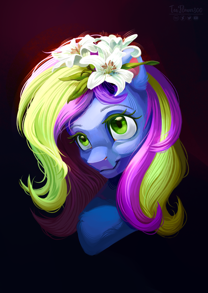 Size: 2152x3024 | Tagged: safe, artist:teaflower300, derpibooru import, oc, oc:novastar blaze, unofficial characters only, pony, bust, female, flower, flower in hair, high res, image, mare, png, solo