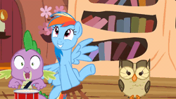 Size: 600x338 | Tagged: safe, derpibooru import, owlowiscious, rainbow dash, spike, bird, dragon, owl, pegasus, pony, season 4, testing testing 1-2-3, animated, baby, baby dragon, dancing, drumming, drums, female, gif, golden oaks library, grin, image, library, male, mare, musical instrument, open smile, smiling, stool, stooldash, trio