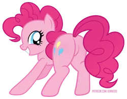 Size: 1200x937 | Tagged: safe, artist:jennieoo, derpibooru import, pinkie pie, earth pony, pony, ass up, butt, female, grin, happy, image, looking at you, mare, plot, png, simple background, smiling, smiling at you, solo, transparent background, vector