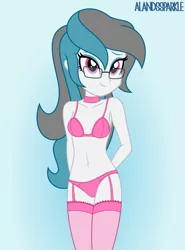 Size: 6703x9067 | Tagged: suggestive, artist:alandssparkle, derpibooru import, part of a set, oc, oc:silver dawn, equestria girls, belly button, bra, breasts, choker, clothes, female, glasses, gradient background, hand behind back, image, lingerie, looking at you, panties, pink underwear, png, signature, simple background, solo, underwear