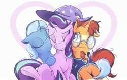 Size: 3415x2160 | Tagged: safe, artist:draft the filmmaker, artist:keevanguy, derpibooru import, starlight glimmer, sunburst, trixie, pony, unicorn, accessory swap, bisexual, chest fluff, cuddly, eyes closed, female, happy, heart, high res, image, jpeg, kissing, lesbian, male, mare, polyamory, shipping, smiling, stallion, startrixburst, straight