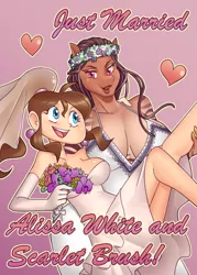 Size: 2152x3000 | Tagged: safe, artist:nauth, derpibooru import, oc, oc:alissa, oc:scarlet brush, unofficial characters only, anthro, zebra, big breasts, bouquet, breasts, bride, cleavage, clothes, community related, dress, female, flower, happy, high res, image, jpeg, lesbian, wedding dress, zebra oc
