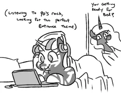 Size: 702x543 | Tagged: safe, artist:jargon scott, derpibooru import, oc, oc:nyx, oc:nyxzala, alicorn, hybrid, pony, unicorn, zony, black and white, computer, duo, female, grayscale, headphones, image, laptop computer, lying down, magical lesbian spawn, monochrome, mother and child, mother and daughter, offspring, older, older nyx, parent:oc:nyx, parent:oc:zala, parents:oc x oc, png, prone