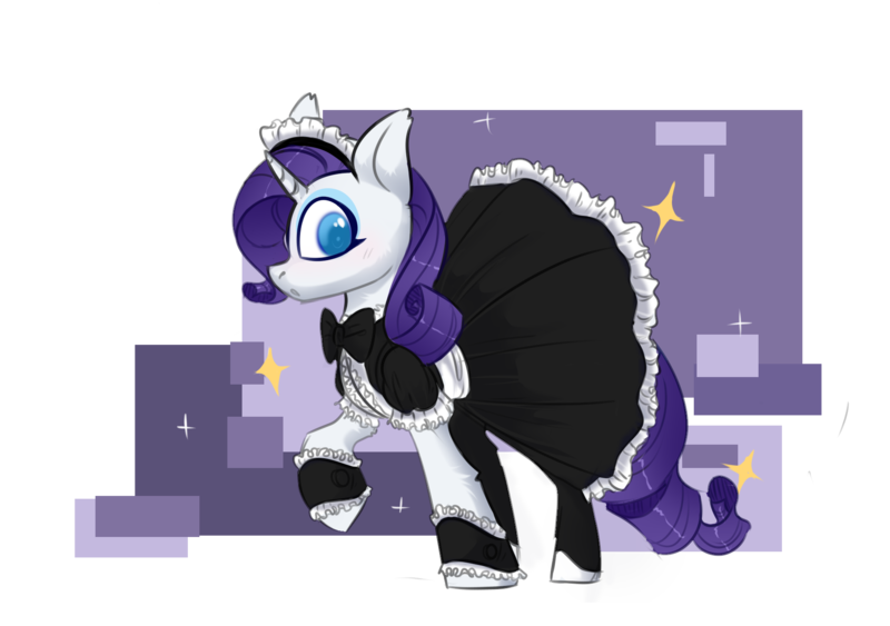 Size: 1820x1280 | Tagged: safe, artist:silvexxx01, derpibooru import, rarity, pony, unicorn, blushing, bowtie, clothes, commission, dress, eyeshadow, female, image, maid, maid headdress, makeup, mare, png, raised hoof, simple background, socks, solo, stockings, thigh highs, transparent background, ych example, your character here