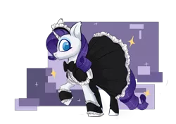 Size: 1820x1280 | Tagged: safe, artist:silvexxx01, derpibooru import, rarity, pony, unicorn, blushing, bowtie, clothes, commission, dress, eyeshadow, female, image, maid, maid headdress, makeup, mare, png, raised hoof, simple background, socks, solo, stockings, thigh highs, transparent background, ych example, your character here