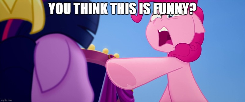 Size: 1194x499 | Tagged: safe, derpibooru import, edit, edited screencap, screencap, pinkie pie, twilight sparkle, alicorn, my little pony: the movie, angry, caption, floppy ears, image, image macro, imgflip, jpeg, meme, pointing, spongebob squarepants, text, the algae's always greener, twilight sparkle (alicorn)