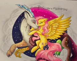 Size: 1080x865 | Tagged: safe, artist:rushaa, derpibooru import, discord, fluttershy, draconequus, pegasus, pony, abstract background, antlers, discoshy, drawing, female, image, jpeg, kissing, large wings, long mane, male, night, nose kiss, shipping, sparkles, stars, straight, swirls, text, wings