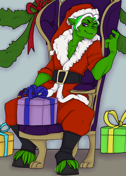 Size: 1750x2450 | Tagged: suggestive, artist:rancid art studio, derpibooru import, oc, oc:chain whip, unofficial characters only, anthro, earth pony, unguligrade anthro, armchair, beckoning, christmas, clothes, costume, floppy ears, hat, holiday, image, male, png, present, ribbon, santa costume, santa hat, sitting, smiling, smirk, solo, solo male, the grinch, unshorn fetlocks