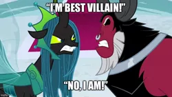 Size: 800x450 | Tagged: safe, derpibooru import, edit, edited screencap, screencap, lord tirek, queen chrysalis, centaur, changeling, changeling queen, pony, the ending of the end, angry, antagonist, argument, bracer, caption, crown, duo, female, image, image macro, jewelry, jpeg, male, mare, nose piercing, nose ring, piercing, regalia, text, ultimate chrysalis