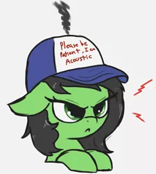 Size: 1735x1925 | Tagged: safe, artist:t72b, derpibooru import, oc, oc:anonfilly, unofficial characters only, earth pony, pony, angry, autism, bust, female, filly, frown, glare, hat, image, png, pun, solo