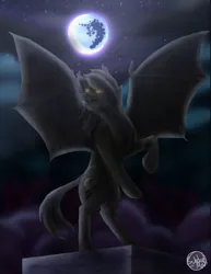 Size: 600x777 | Tagged: safe, artist:subduedmoon, derpibooru import, oc, oc:nightwind, bat pony, bat pony oc, bat wings, full moon, image, jpeg, mare in the moon, moon, solo, spread wings, stars, wings