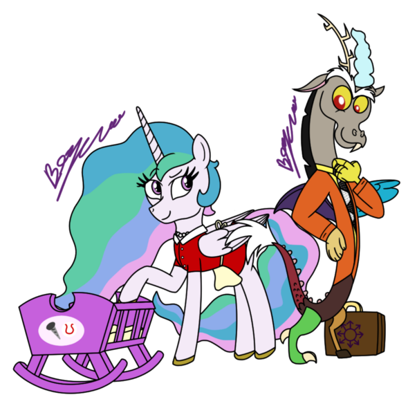 Size: 1280x1274 | Tagged: safe, artist:pixelemelee, derpibooru import, discord, princess celestia, alicorn, pony, apron, briefcase, clothes, crib, dislestia, dress, duo, female, image, implied screwball, looking at each other, male, png, shipping, simple background, straight, suit, transparent background