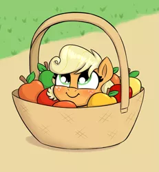 Size: 1899x2055 | Tagged: safe, artist:heretichesh, derpibooru import, applejack, earth pony, pony, apple, basket, blushing, cute, daaaaaaaaaaaw, female, filly, filly applejack, food, image, jackabetes, png, pony in a basket, smiling, solo, weapons-grade cute, younger