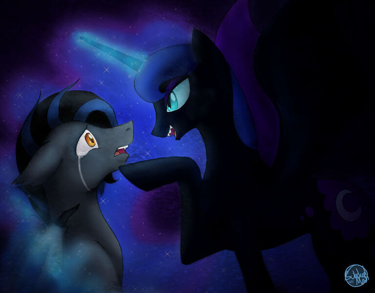 Size: 1024x800 | Tagged: safe, artist:subduedmoon, derpibooru import, nightmare moon, oc, oc:nightwind, alicorn, bat pony, pony, crying, duo, image, jpeg, open mouth, sharp teeth, teeth