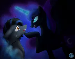 Size: 1024x800 | Tagged: safe, artist:subduedmoon, derpibooru import, nightmare moon, oc, oc:nightwind, alicorn, bat pony, pony, crying, duo, image, jpeg, open mouth, sharp teeth, teeth