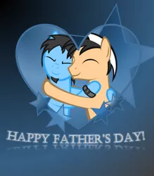 Size: 662x756 | Tagged: safe, artist:strategypony, derpibooru import, oc, oc:gary, oc:lancer, earth pony, pony, cute, father and child, father and son, father's day, heart, hug, image, male, png, stars, text, watch, wristwatch