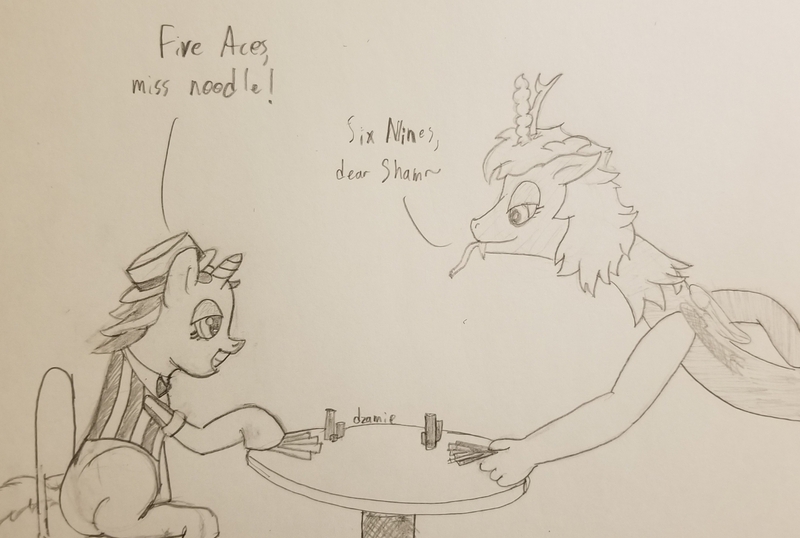 Size: 1451x976 | Tagged: safe, artist:dzamie, derpibooru import, discord, flam, draconequus, card, cheating, dialogue, eris, gambling, image, jpeg, newbie artist training grounds, rule 63, sham, traditional art