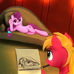 Size: 2000x2000 | Tagged: safe, artist:darksly, derpibooru import, big macintosh, sugar belle, earth pony, pony, unicorn, atg 2021, bedroom eyes, couch, draw me like one of your french girls, female, freckles, image, jpeg, male, mare, mouth hold, newbie artist training grounds, pencil, pencil drawing, reference, shipping, stallion, straight, sugarmac, titanic, traditional art