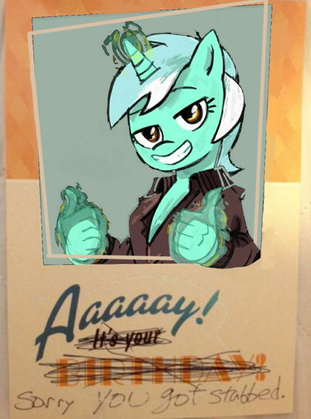 Size: 871x1175 | Tagged: safe, artist:herny, artist:twinet, derpibooru import, edit, lyra heartstrings, clothes, female, fonzie, greeting card, grin, hand, happy days, image, jacket, magic, magic hands, meme, png, ponified meme, reaction image, smiling, solo, speech bubble, thumbs up