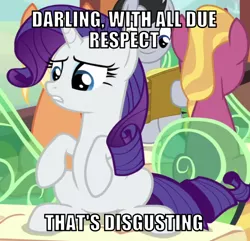 Size: 622x600 | Tagged: safe, derpibooru import, edit, edited screencap, editor:twi clown, screencap, rarity, pony, unicorn, the last problem, caption, cropped, disgusted, female, image, image macro, mare, png, sitting, text, train