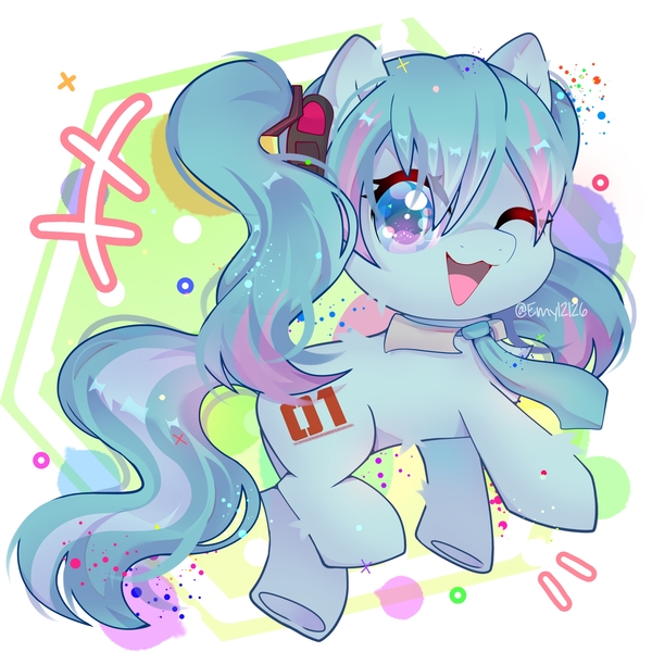 Size: 3000x3000 | Tagged: artist needed, safe, derpibooru import, earth pony, pony, anime, brony, chibi, cute, hatsune miku, headphones, image, jpeg, necktie, open mouth, vocaloid