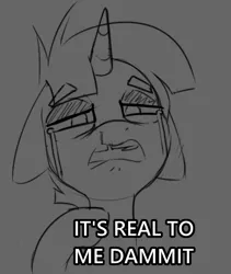 Size: 461x546 | Tagged: safe, artist:lockheart, derpibooru import, pony, unicorn, bust, chipped tooth, crying, gray background, image, monochrome, png, runny nose, simple background, sketch, text