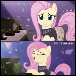 Size: 1080x1080 | Tagged: safe, derpibooru import, edit, edited screencap, editor:flutteriaeth, screencap, fluttershy, pegasus, pony, season 5, the mane attraction, cute, eyes closed, female, image, jpeg, mare, musical instrument, open mouth, piano, shyabetes, singing, smiling, solo, the magic inside