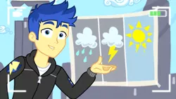 Size: 1280x720 | Tagged: safe, derpibooru import, screencap, flash sentry, best trends forever, equestria girls, equestria girls series, camera shot, clothes, cloud, image, jacket, lightning, looking at you, male, png, rain, solo, sun