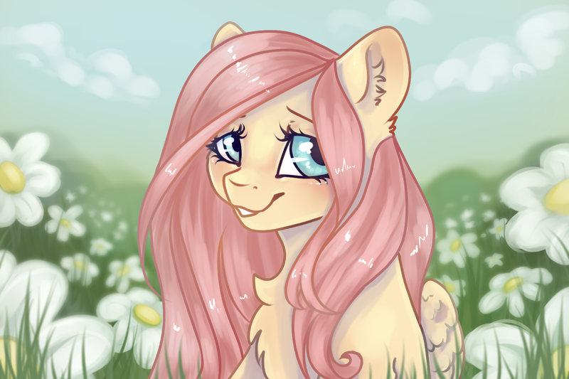 Size: 1440x960 | Tagged: safe, artist:fanaticpanda, derpibooru import, fluttershy, pegasus, pony, bust, chest fluff, cute, ear fluff, female, flower, flower field, grass, image, mare, png, shyabetes, smiling, solo