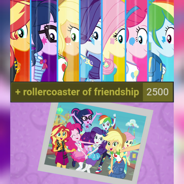 Size: 1920x1920 | Tagged: safe, derpibooru import, edit, edited screencap, editor:itsmgh1203, screencap, applejack, fluttershy, pinkie pie, rainbow dash, rarity, sci-twi, sunset shimmer, twilight sparkle, derpibooru, equestria girls, equestria girls series, rollercoaster of friendship, ^^, applejack's hat, belt, bowtie, bracelet, clothes, cowboy hat, cute, cutie mark, cutie mark on clothes, dashabetes, denim skirt, diapinkes, equestria land, eyes closed, female, geode of empathy, geode of fauna, geode of shielding, geode of sugar bombs, geode of super speed, geode of super strength, geode of telekinesis, glasses, hairpin, hat, hoodie, humane five, humane seven, humane six, image, jackabetes, jacket, jewelry, jpeg, jumping, leather, leather jacket, magical geodes, meta, necklace, open mouth, photo booth (song), ponytail, raribetes, rarity peplum dress, selfie, shimmerbetes, shoes, shyabetes, side view, skirt, smiling, sneakers, tags, tanktop, transformation, twiabetes