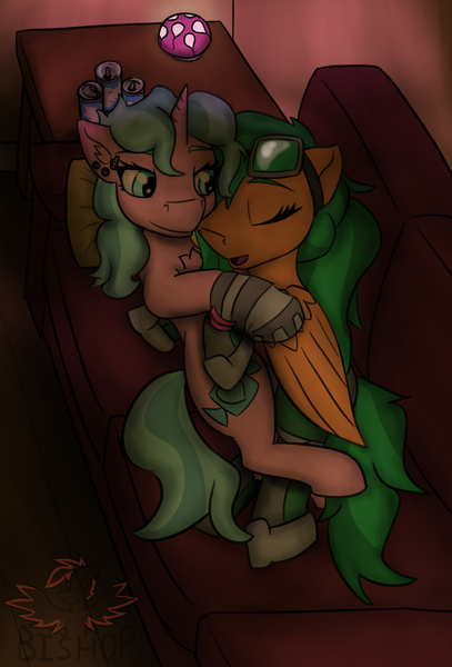 Size: 2322x3426 | Tagged: safe, artist:askavrobishop, derpibooru import, oc, oc:atom smasher, oc:candy chip, pegasus, unicorn, couch, cuddling, cybernetic legs, female, goggles, image, lesbian, png, sleeping, wings