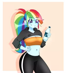 Size: 1812x2000 | Tagged: suggestive, artist:screebs, derpibooru import, rainbow dash, equestria girls, adidas, bandeau, belly button, bellyring, breasts, cleavage, clothes, eyebrows, eyebrows visible through hair, female, grin, hoodie, image, piercing, png, ponytail, shirt, shirt lift, smiling, solo, solo female, sweat, sweatshirt, track pants, water bottle