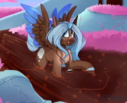 Size: 2711x2213 | Tagged: safe, artist:mediasmile666, derpibooru import, oc, unofficial characters only, alicorn, pony, alicorn oc, bandaid, colored hooves, curved horn, female, freckles, heterochromia, horn, image, jewelry, mare, pendant, png, raised hoof, smiling, solo, spread wings, tongue out, two toned wings, wings