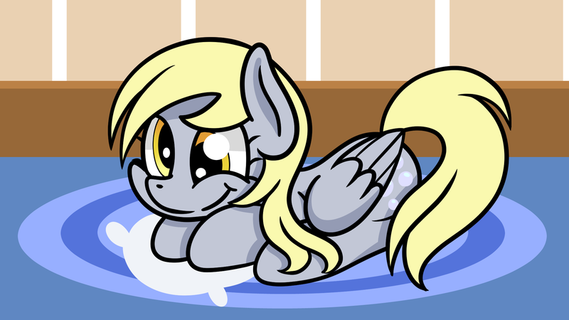 Size: 1920x1080 | Tagged: safe, artist:dinkyuniverse, derpibooru import, derpy hooves, pegasus, pony, atg 2021, carpet, cute, derp, derpabetes, female, image, lying down, mare, newbie artist training grounds, pillow, png, prone, smiling, solo
