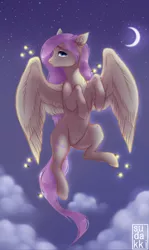 Size: 4440x7425 | Tagged: safe, artist:dikkaa, derpibooru import, fluttershy, firefly (insect), insect, pegasus, pony, absurd resolution, crescent moon, female, flying, image, jpeg, mare, moon, night, night sky, sky, solo