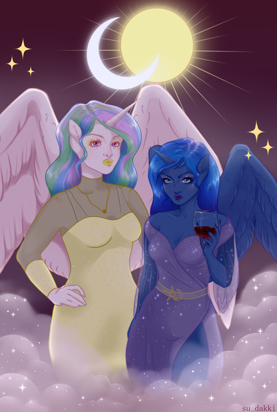 Size: 3600x5350 | Tagged: safe, artist:dikkaa, derpibooru import, princess celestia, princess luna, alicorn, anthro, alcohol, clothes, crescent moon, dress, duo, female, glass, hand on hip, high res, human facial structure, image, jpeg, large wings, lipstick, mist, moon, royal sisters, siblings, sisters, sun, wine, wine glass, wings