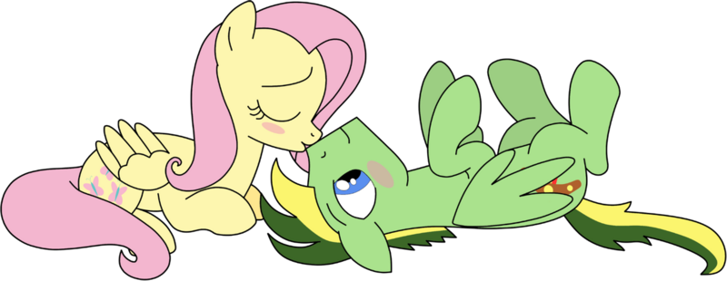 Size: 1280x496 | Tagged: safe, artist:didgereethebrony, artist:rerorir, derpibooru import, fluttershy, oc, oc:didgeree, pegasus, pony, base used, blushing, canon x oc, cutie mark, female, flutterdidge, image, kissing, male, png, shipping, simple background, straight, trace, transparent background