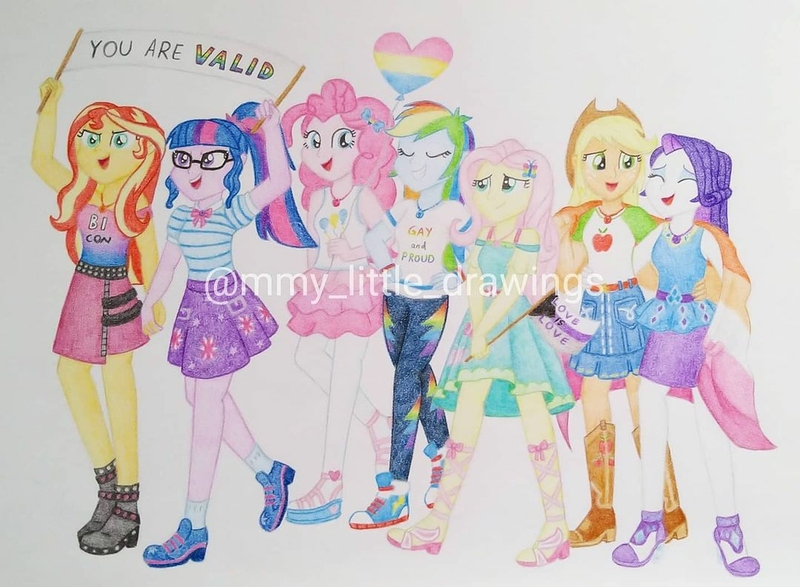 Size: 1080x793 | Tagged: safe, artist:mmy_little_drawings, derpibooru import, applejack, fluttershy, pinkie pie, rainbow dash, rarity, sci-twi, sunset shimmer, twilight sparkle, equestria girls, equestria girls series, rollercoaster of friendship, applejack's hat, balloon, boots, bowtie, clothes, cowboy boots, cowboy hat, cutie mark, cutie mark on clothes, denim skirt, eyes closed, female, geode of empathy, geode of fauna, geode of shielding, geode of sugar bombs, geode of super speed, geode of super strength, geode of telekinesis, glasses, hairpin, hat, high heels, humane five, humane seven, humane six, image, jpeg, magical geodes, open mouth, photo booth (song), ponytail, pride month, rarity peplum dress, sandals, shoes, skirt, smiling, sneakers, tanktop