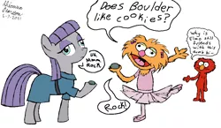 Size: 1046x608 | Tagged: safe, artist:pupster0071, derpibooru import, boulder (pet), earth pony, pony, maud pie (episode), ballerina, elmo, image, open mouth, png, rock, sesame street, speech bubble, zoe (sesame street)