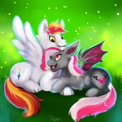 Size: 3000x3000 | Tagged: safe, artist:tehtigress, derpibooru import, oc, oc:miabat, oc:shining sky, bat pony, pegasus, pony, bat pony oc, bat wings, hug, image, pegasus oc, png, wings